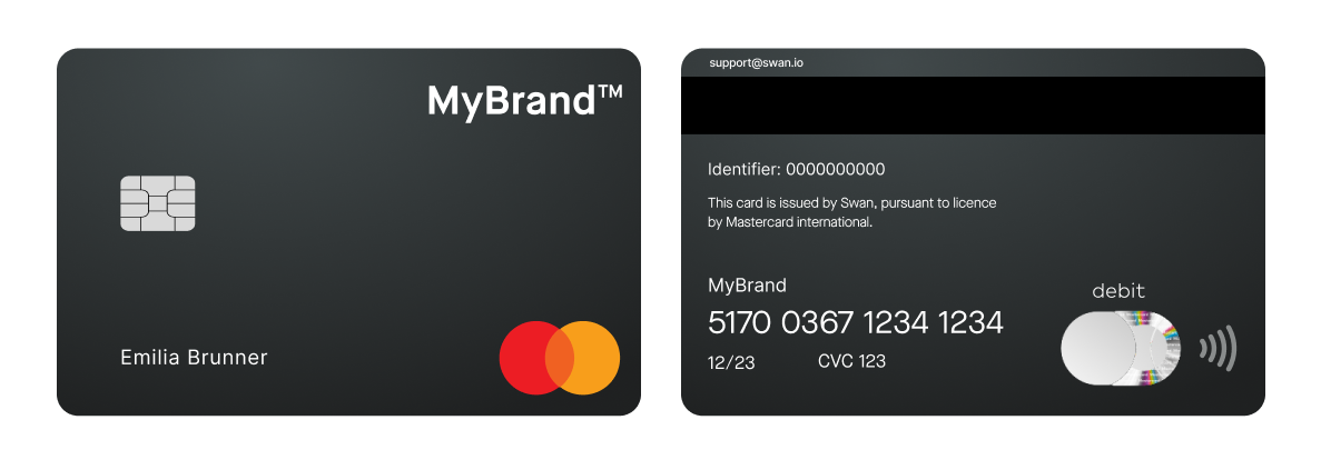 Image of the front and back of the standard black card design with the partner logo in silver
