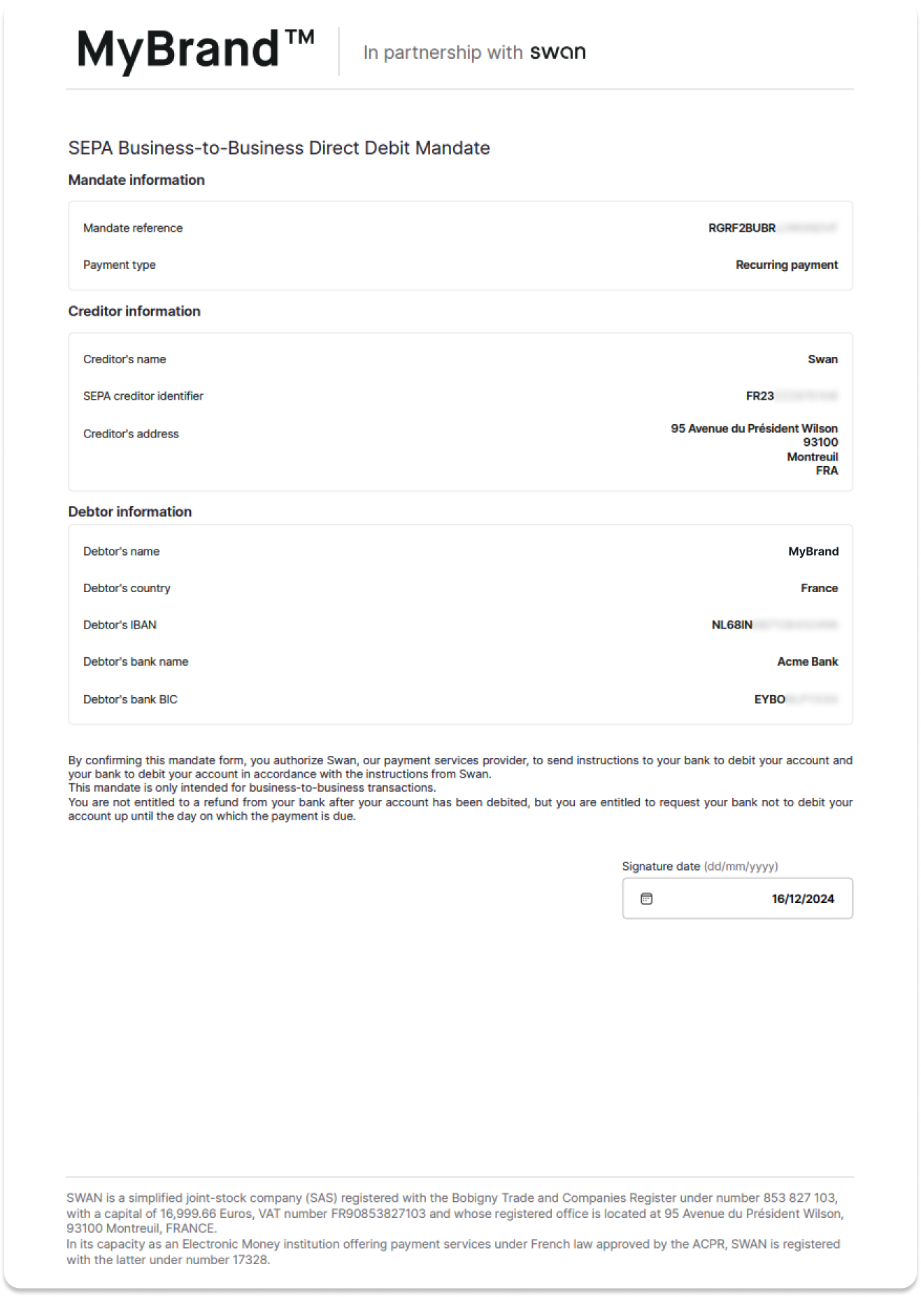 Sample SEPA Direct Debit B2B payment mandate to give to the non-Swan account provider