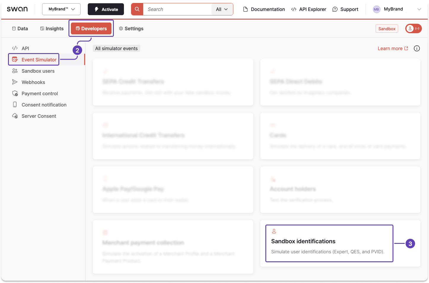 Screenshot of the Dashboard Event Simulator with the Sandbox identifications section called out