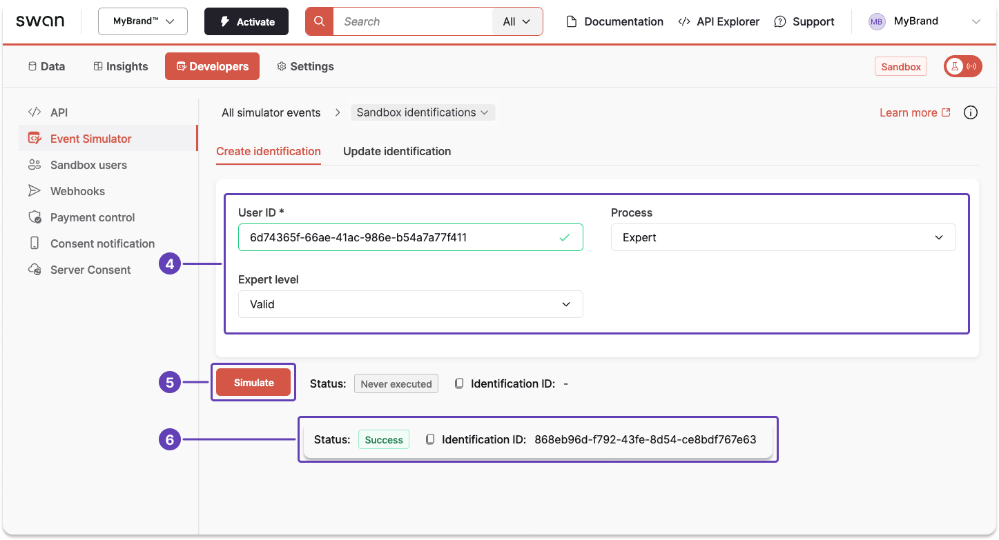 Screenshot of the Event Simulator Sandbox identifications form with a successful simulation result